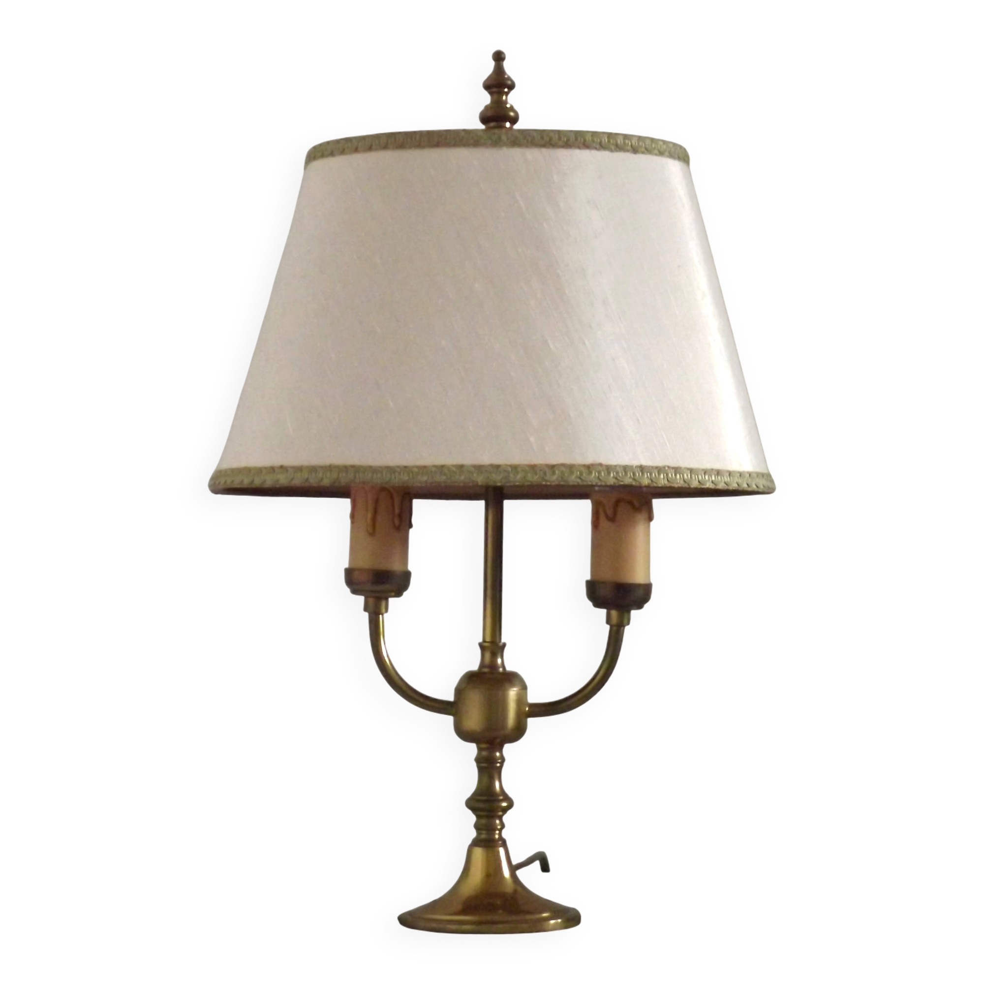 2 Light French Vintage Brass Boulotte Table Lamp With Cream Fabric Shade