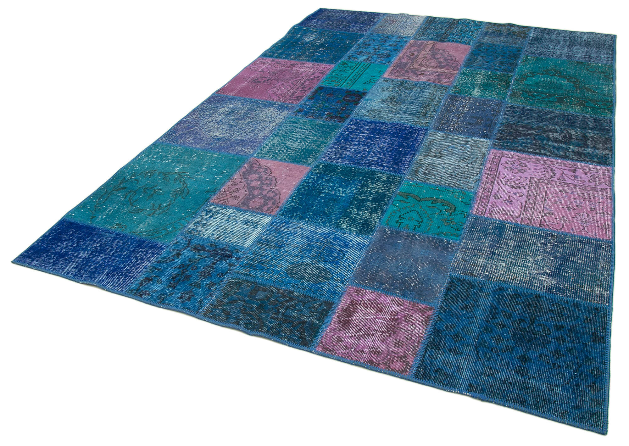 Handwoven oriental overdyed 203 cm x 300 cm blue patchwork carpet