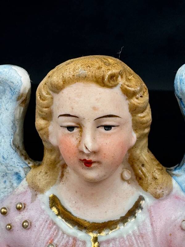 19th century polychrome plaster angel wall stoup