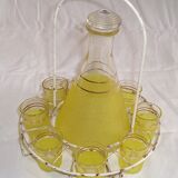 Service à liqueur en verre granité jaune avec présentoir métal, années 60/70