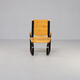 60s Unique metal cantilever framed lounge chair with pine seat