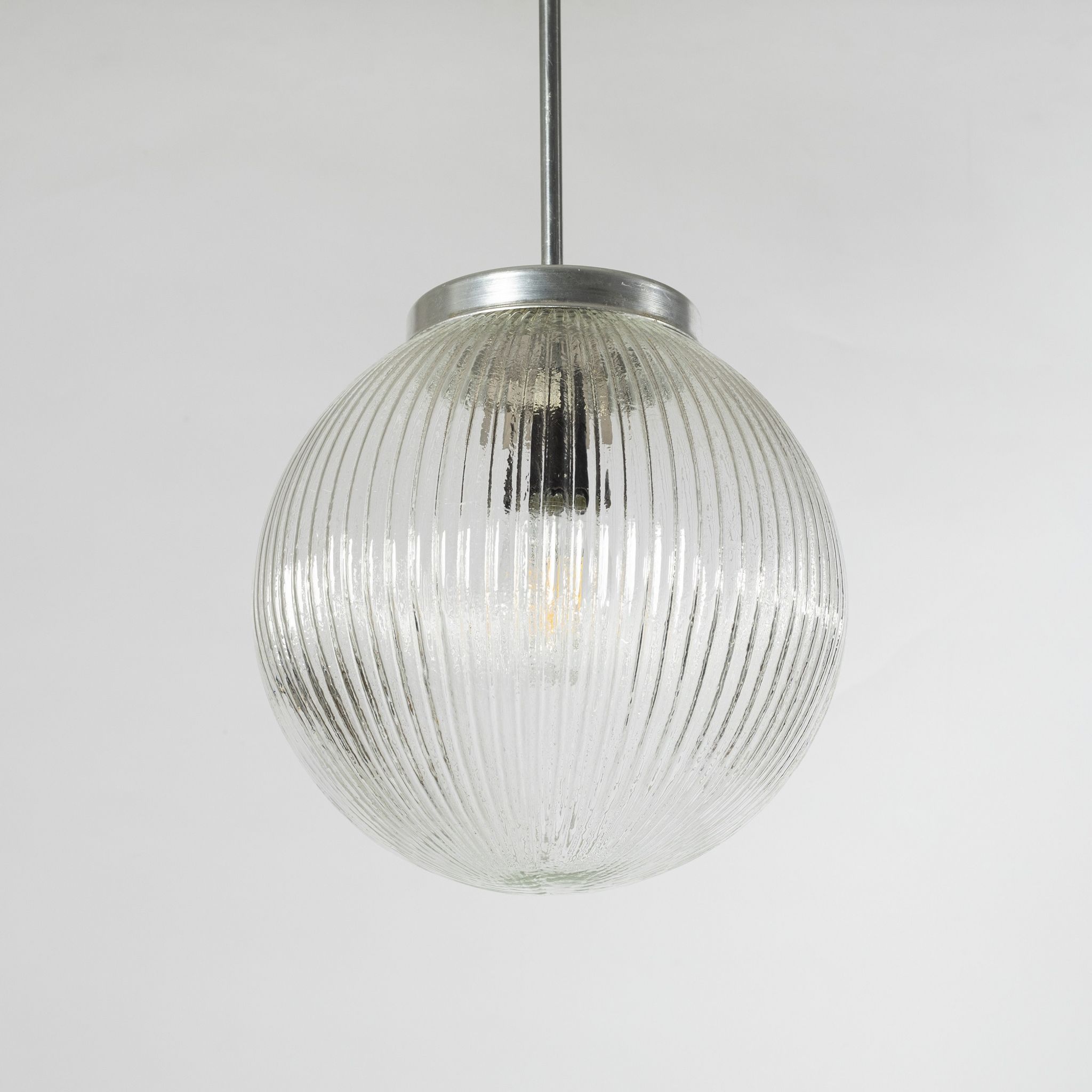 Ribbed clear glass pendant lamp, Czechoslovakia, 1970s