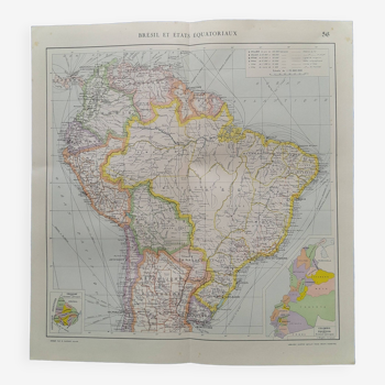 Carte géographique issue Atlas Quillet année 1925  carte : Brésil et états équatoriaux