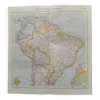 Carte géographique issue Atlas Quillet année 1925  carte : Brésil et états équatoriaux