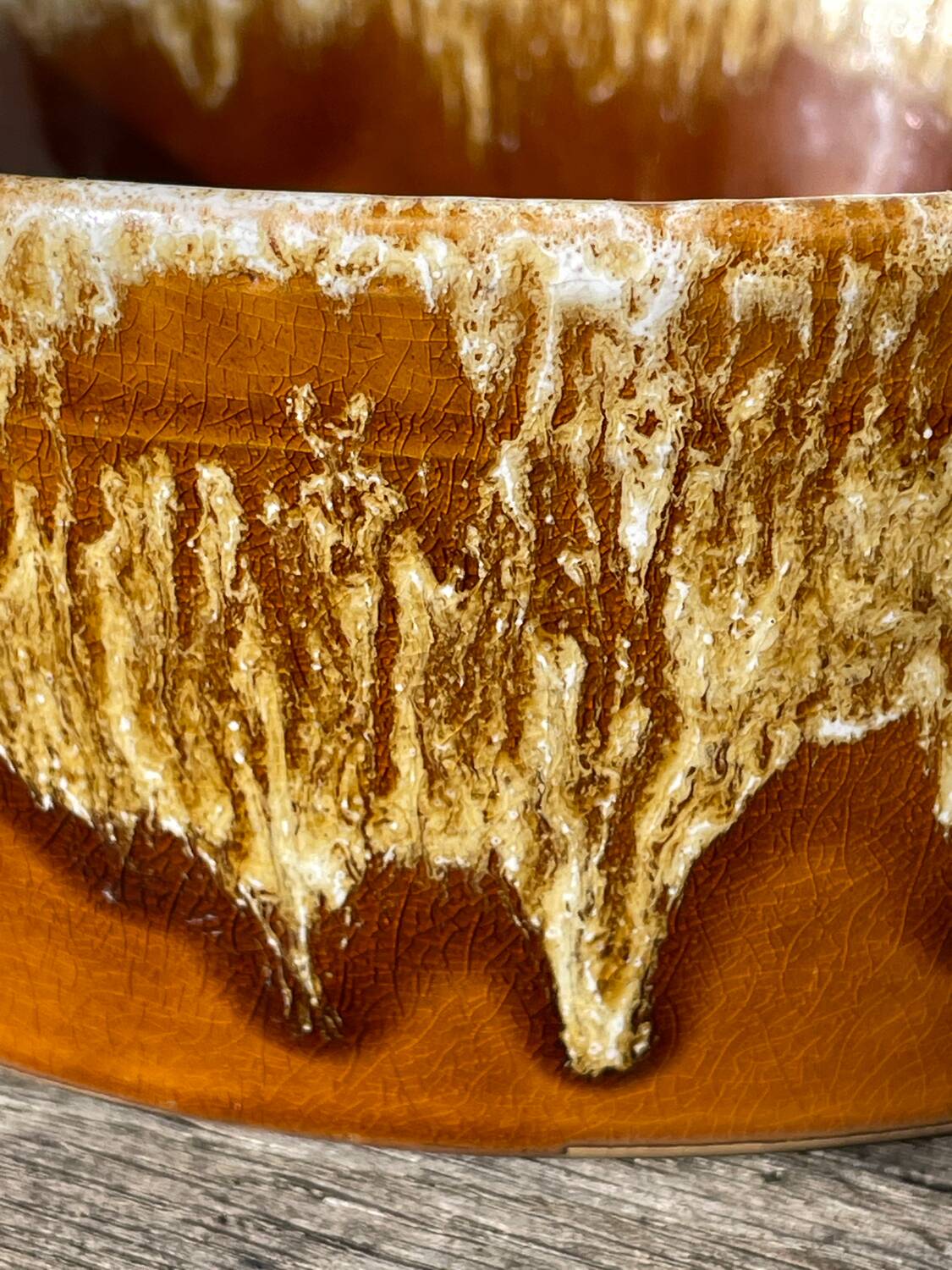 Ceramic salad bowl with beige drip glaze, 1970s pottery