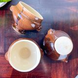 6 vintage Emile Henry lion's head onion soup bowls in ceramic - brown, made in France.