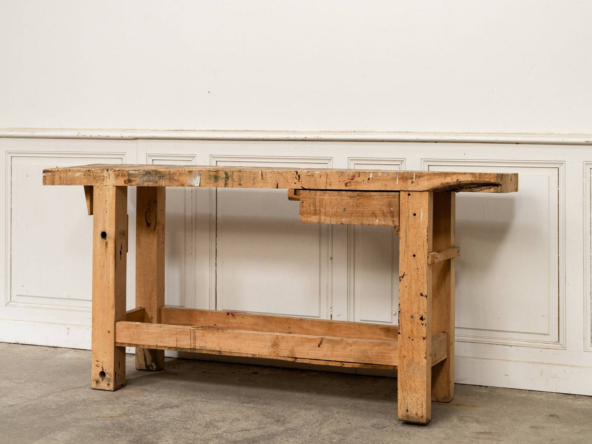 Old small workbench with drawer, beautiful original patina, 1920.