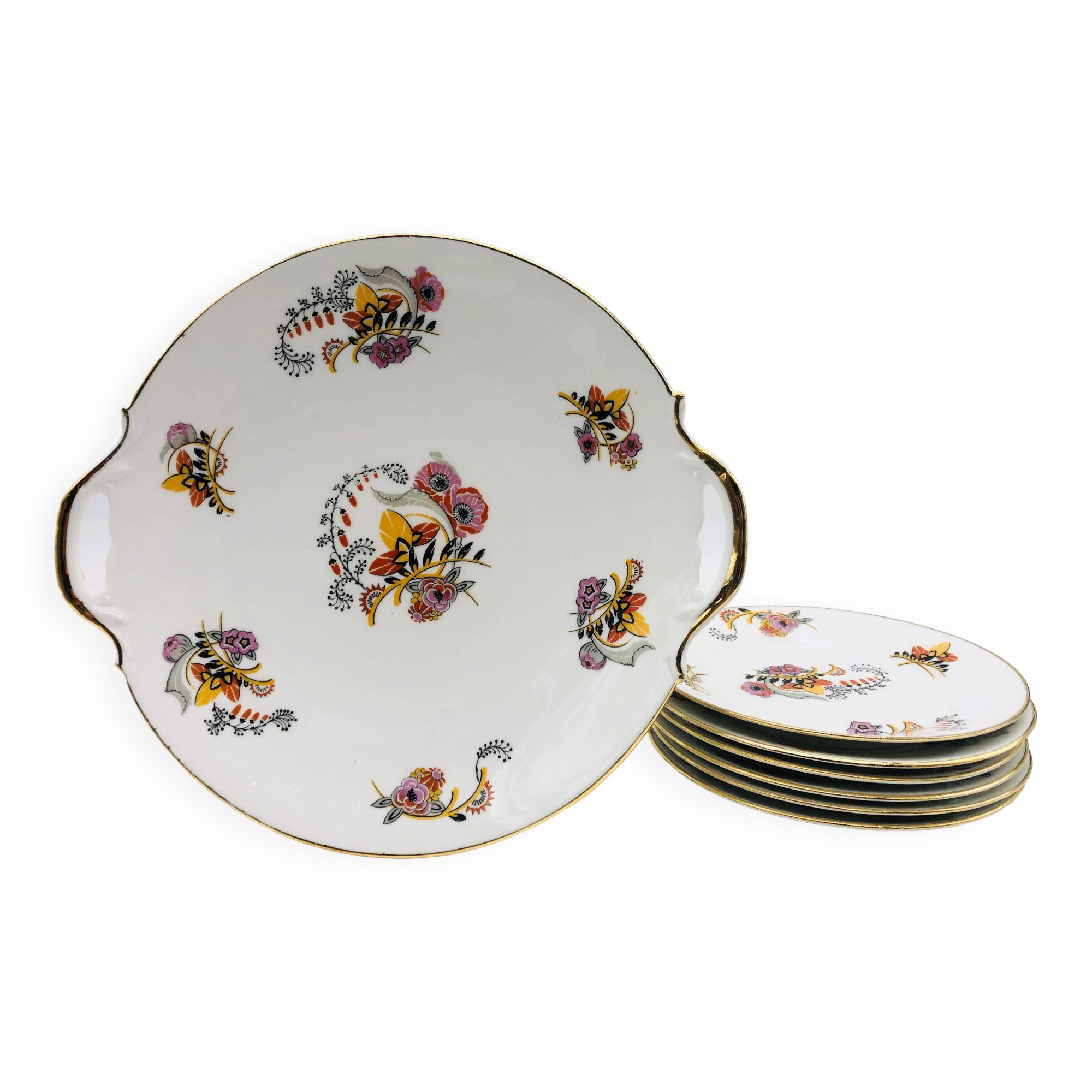 6 Dessert plates and a serving dish, M-Fres.