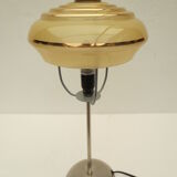 Lampe de table originale  sur pied inox & globe givré art déco jaune et or