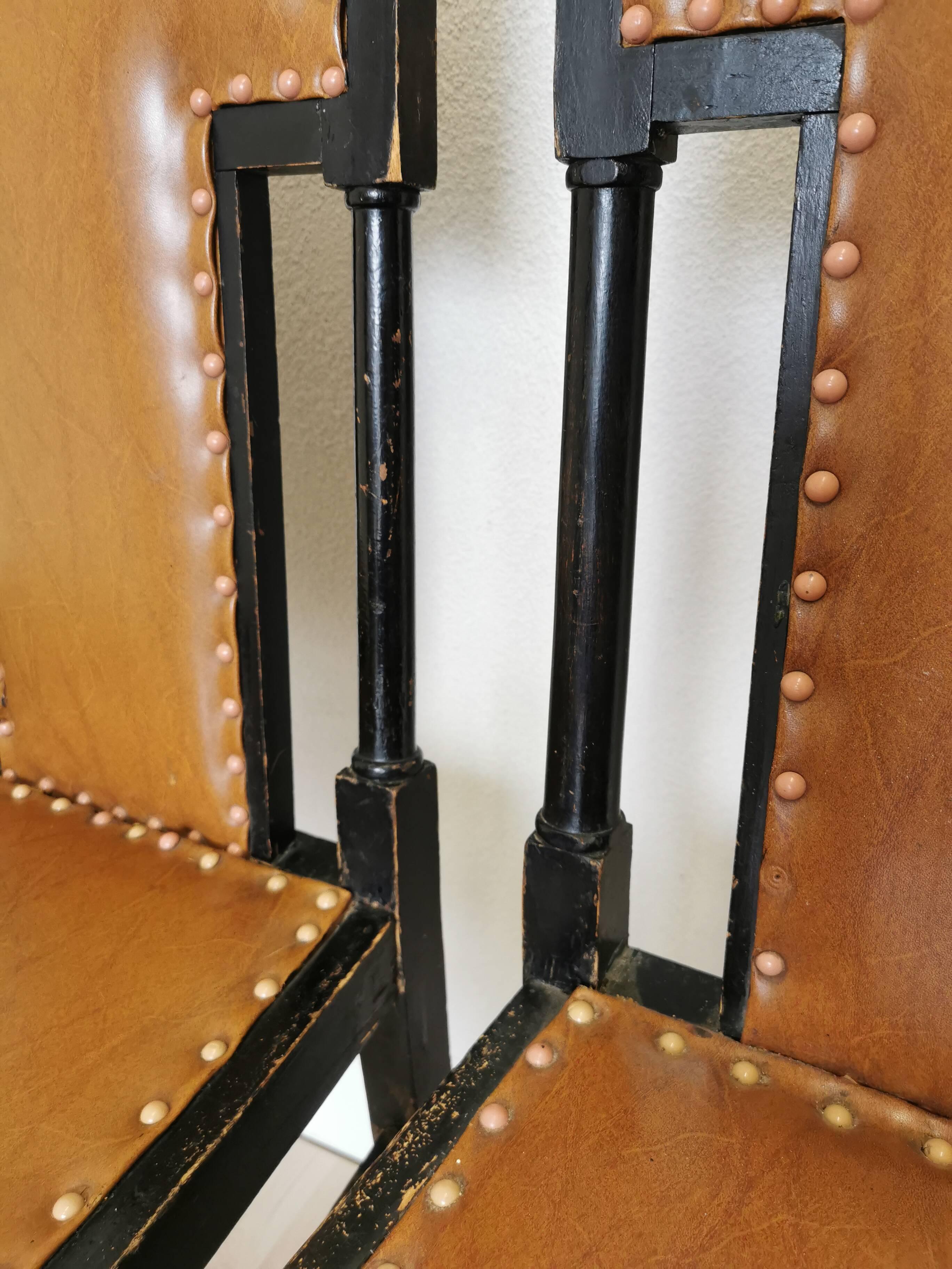 Set of 3 Vintage Dining Chairs: High Back, Leather Seat, Nailhead Trim