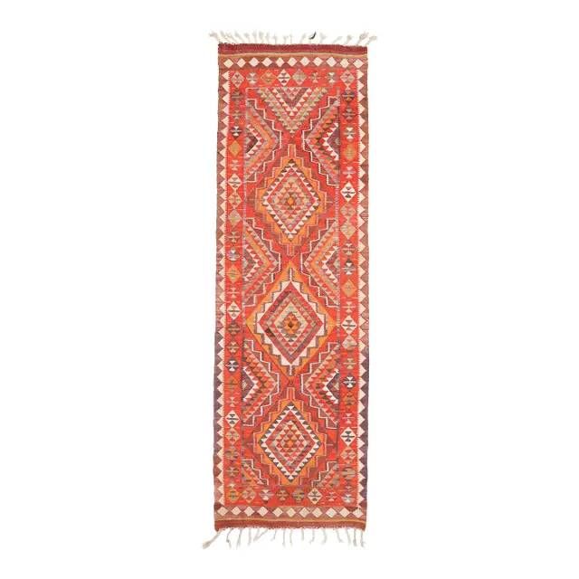 1970s Vintage Turkish Hand-Knotted Wool Cotton Red Runner Rug 90x290