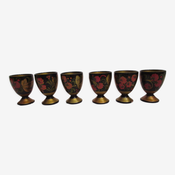 6 eggcups "khokhloma"made of painted linden wood actually served to drink vodka