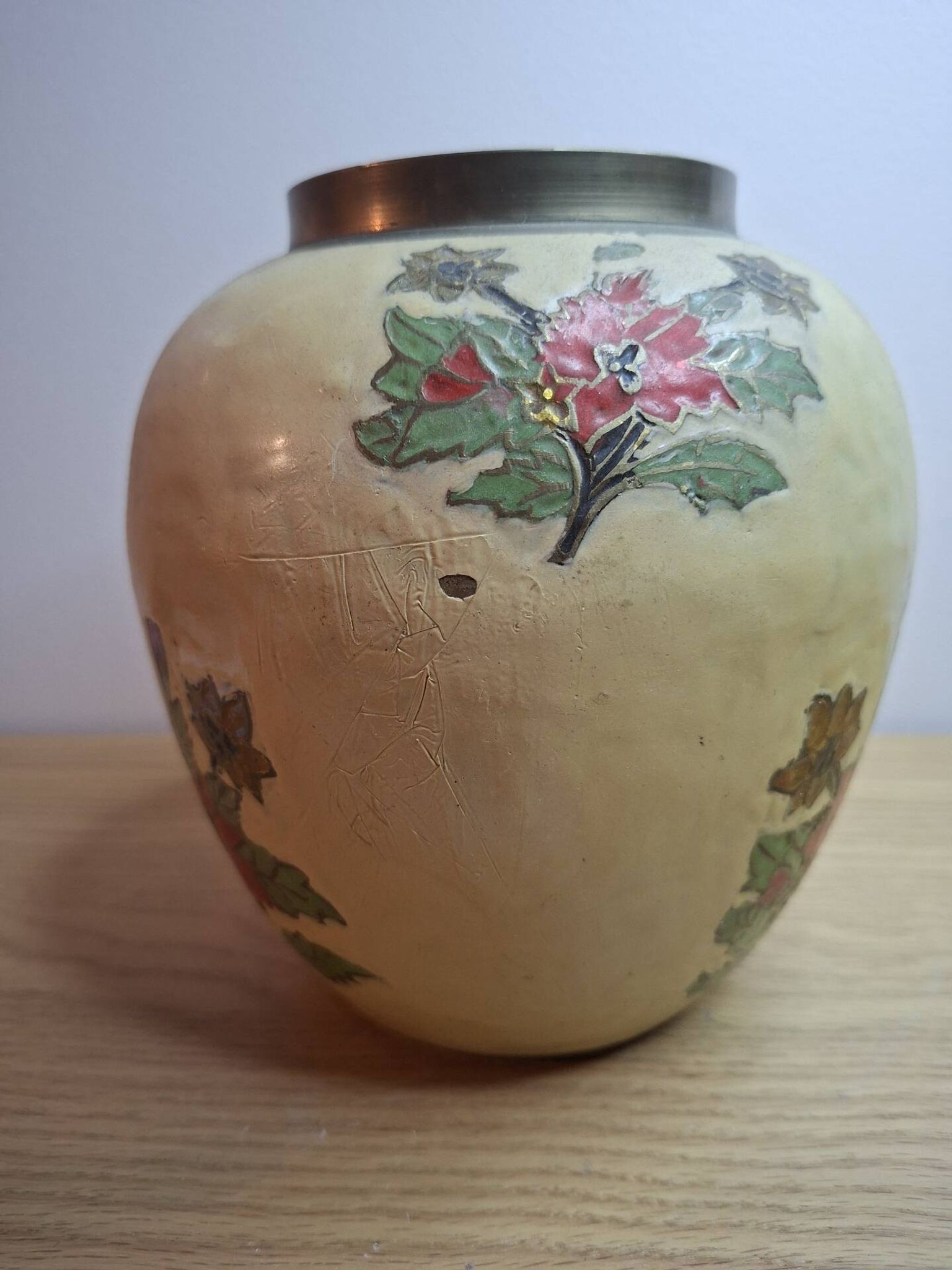 Vintage enamelled brass round vase with handmade floral decoration.