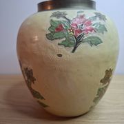 Vintage enamelled brass round vase with handmade floral decoration.