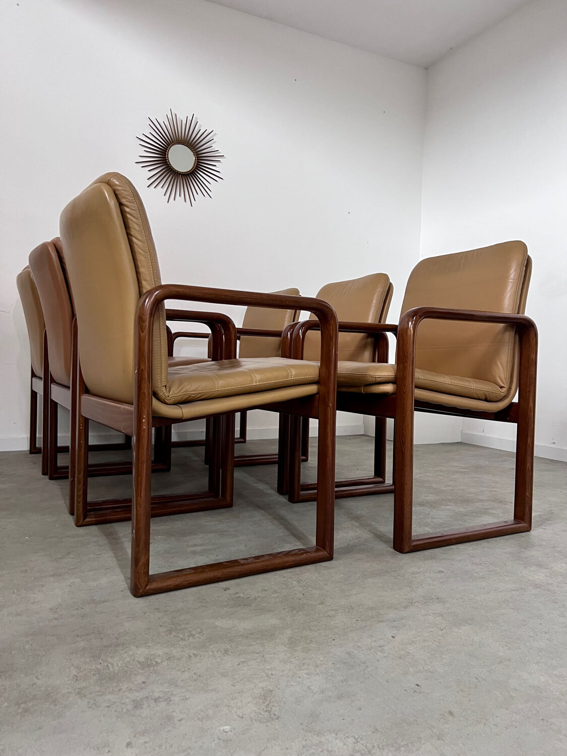 Lot 6 chairs armrests vintage 70s Scandinavian design leather and wood