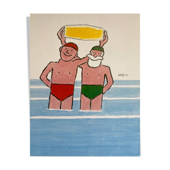 Poster Les Baigneurs swimming pool of Trouville 1980 by Rymond Savignac - Small Format - On linen