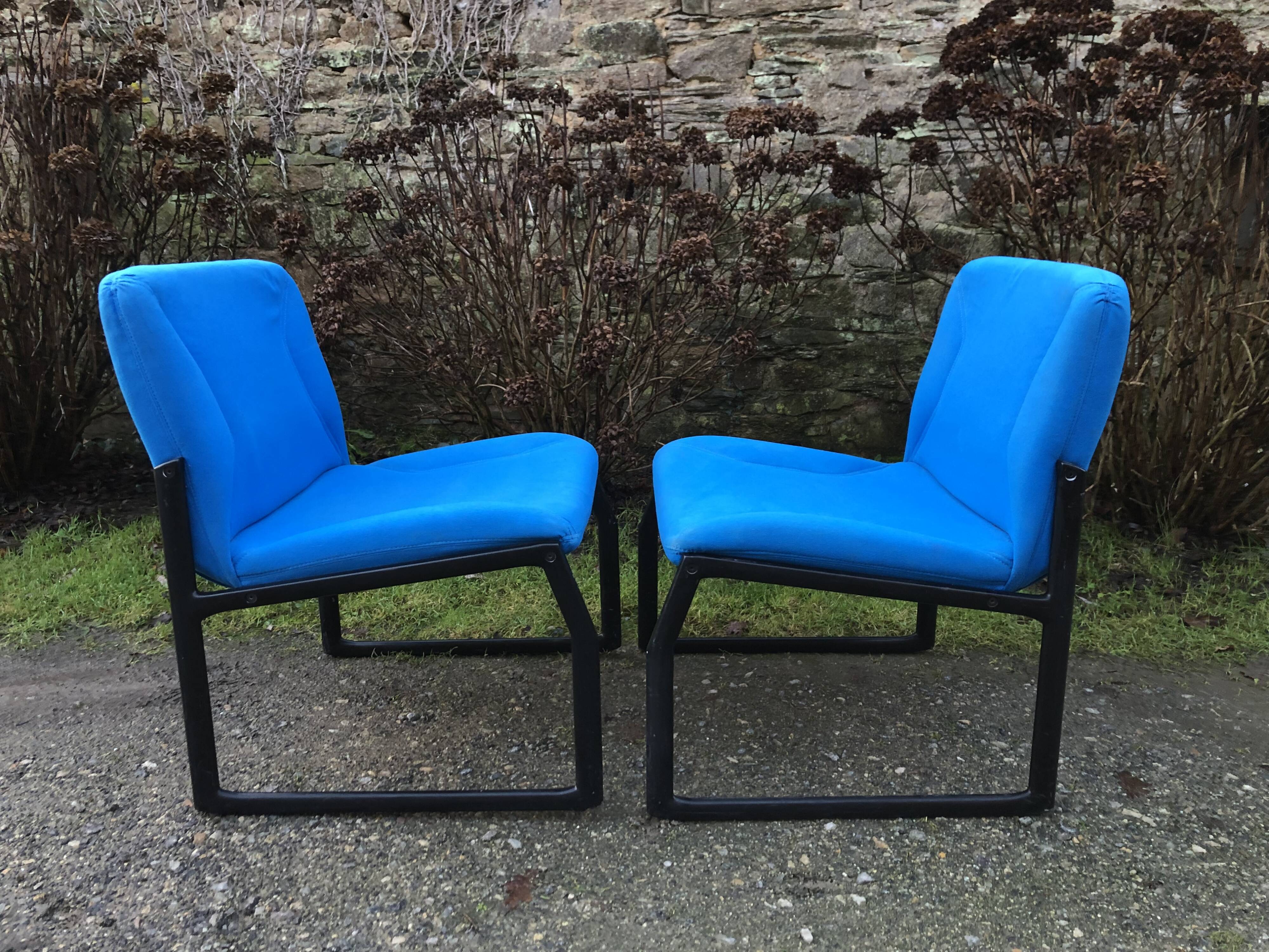 Electric blue fabric designer armchairs with black lacquered metal legs from the 80s.