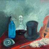Oil on canvas by Arrabal still life with violin and siphon 20th century