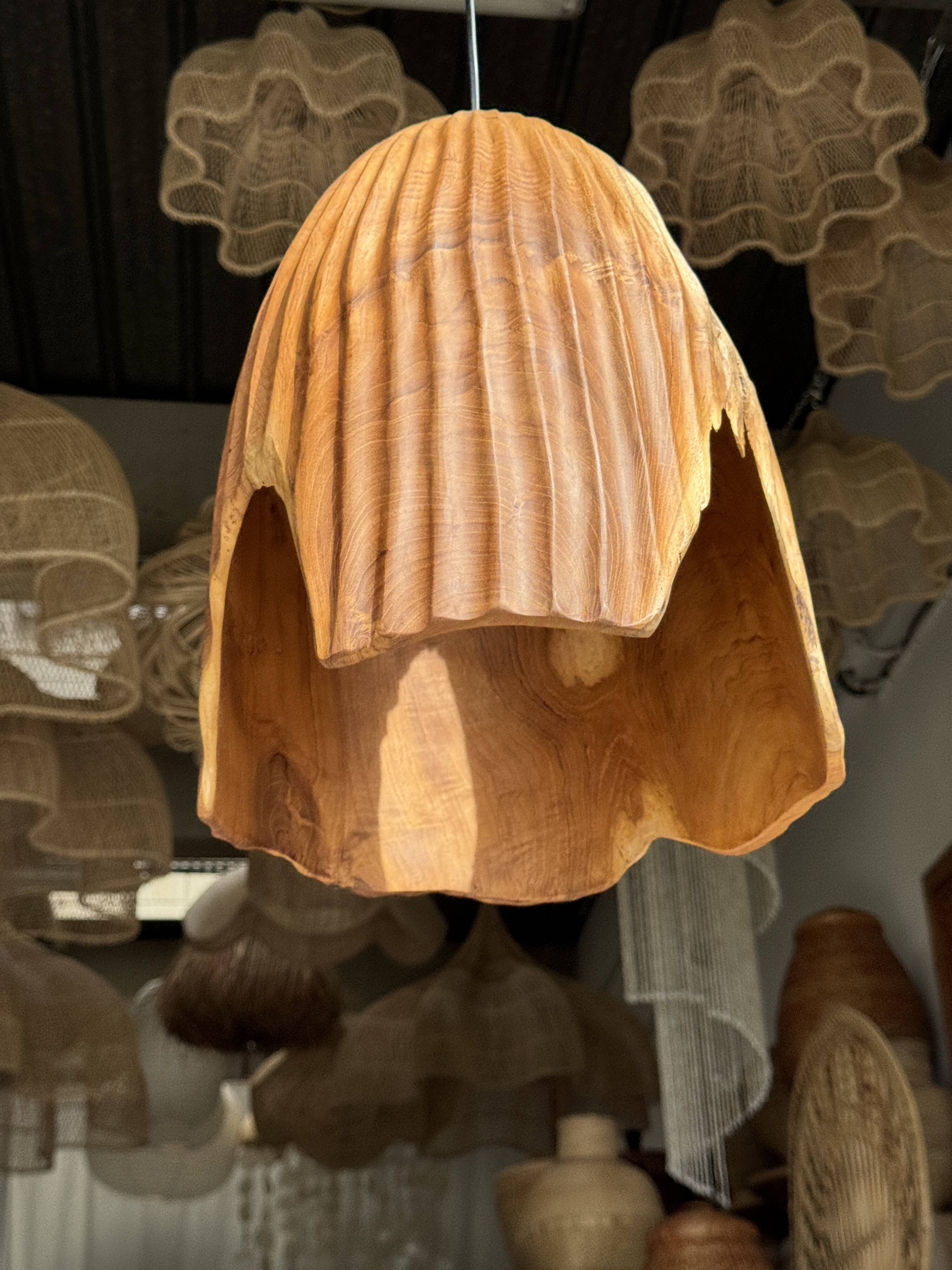Large suspension or lampshade in organic natural teak, tubular H40 D30.