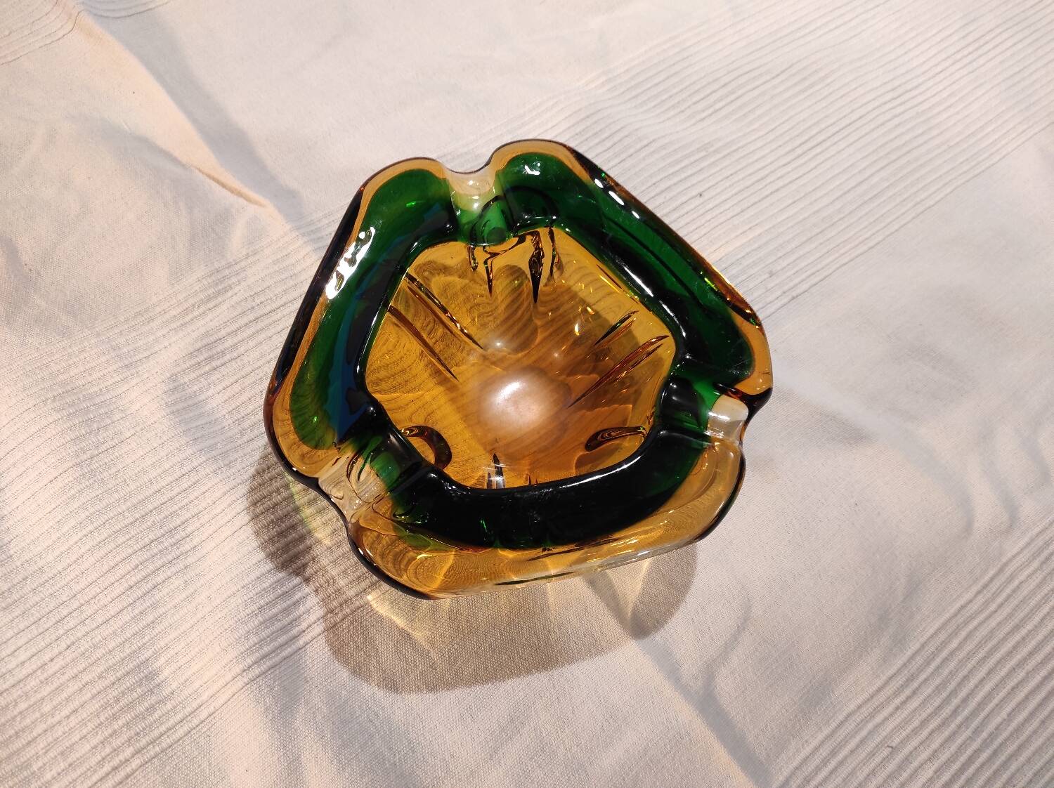 Murano green and yellow blown glass ashtray, 1970