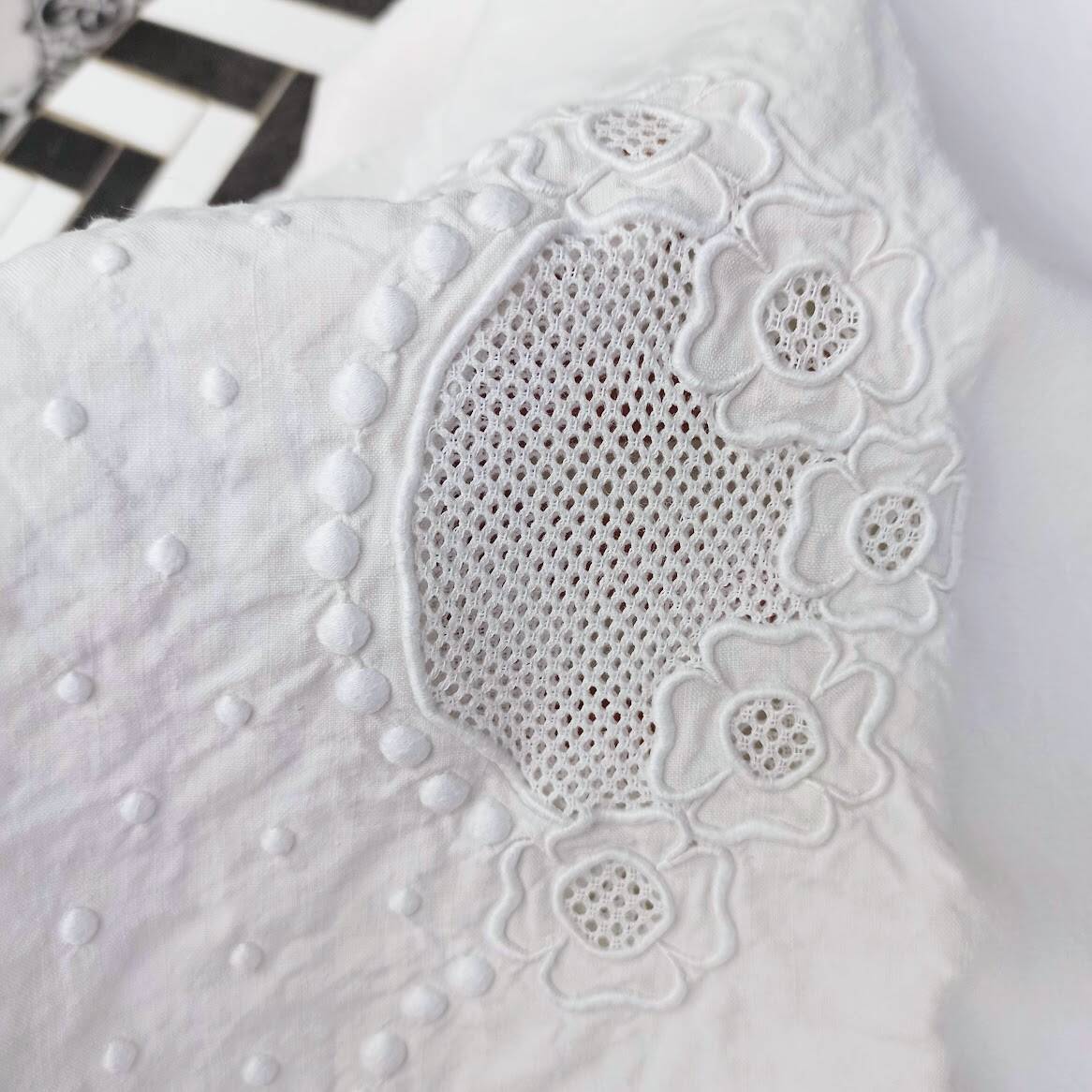 Large hand-embroidered antique linen bed sheet