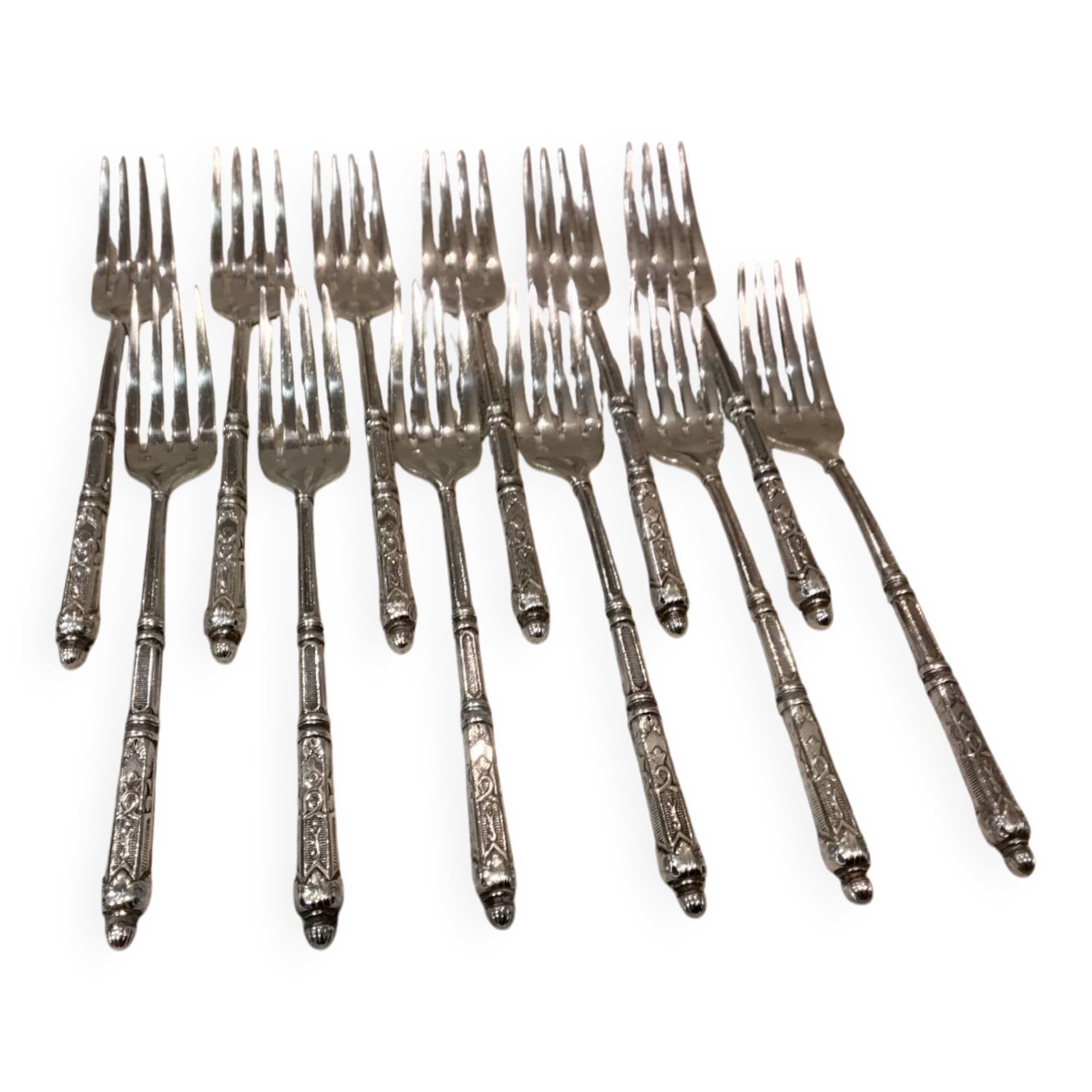 12 silver-plated metal cake forks with 4 prongs, Russian silversmith SFAM.