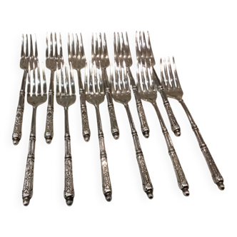 12 silver-plated metal cake forks with 4 prongs, Russian silversmith SFAM.