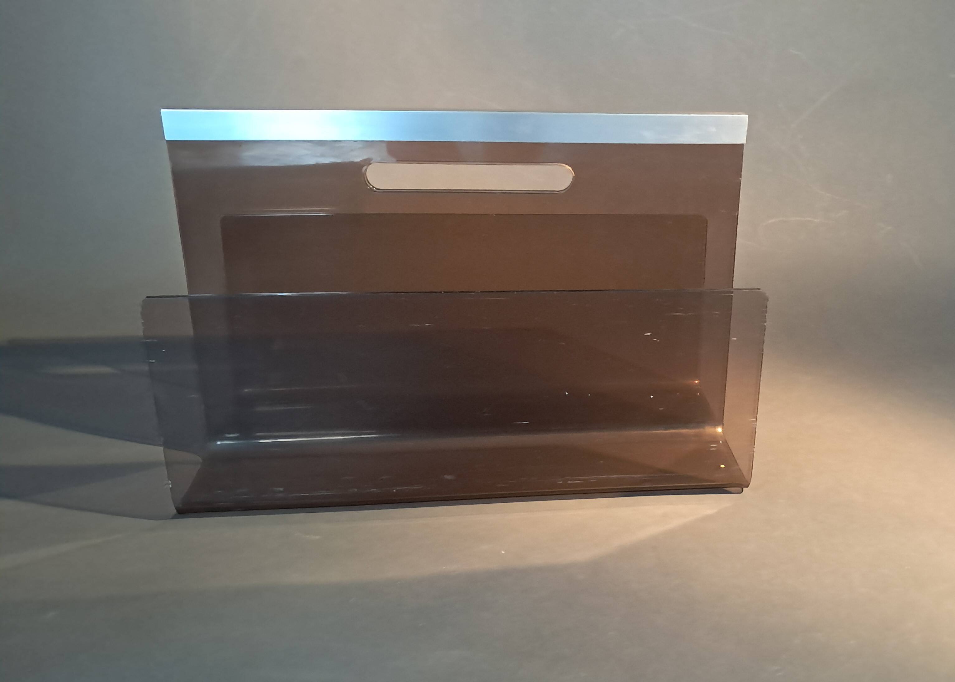 Smoked plexiglass magazine rack, Michel Dumas 1970.