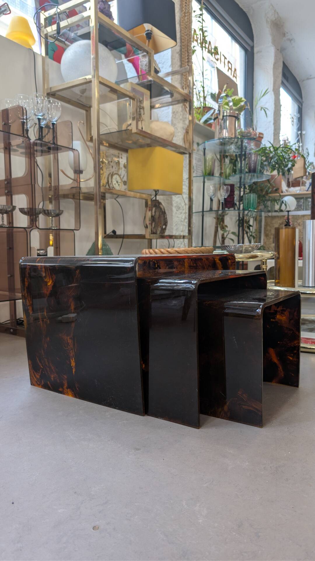 Tortoiseshell plexiglass nesting coffee tables