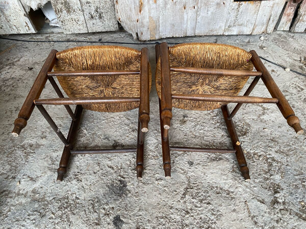Paire Chaise Rustique Ancienne Bois Tourné + Assise Paille Tressée Vin