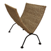 Porte-revues pliable vintage en corde tressée avec cadre en métal noir, 1960