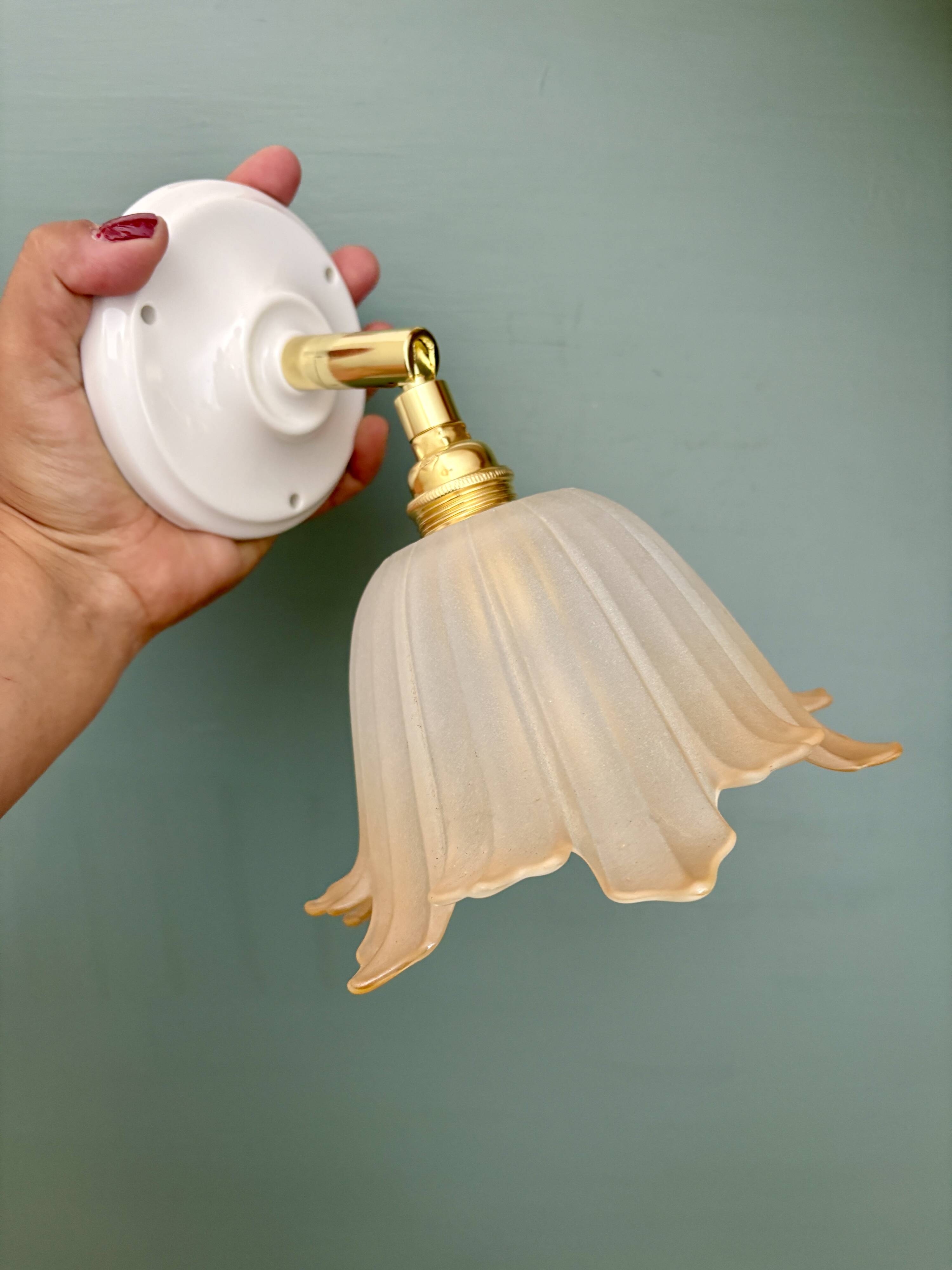 Vintage tulip wall lamp in white and brown frosted glass