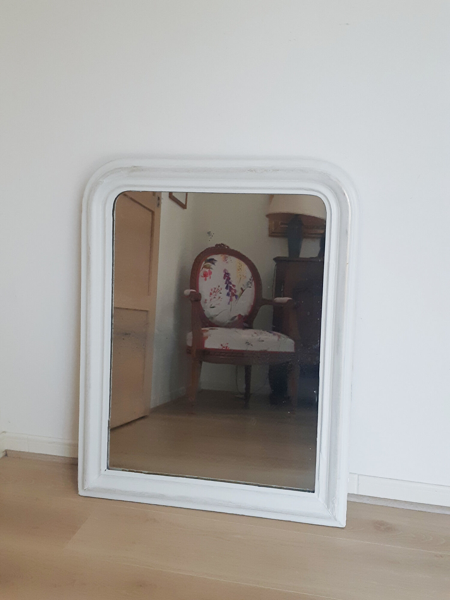 Old mirror, Louis Philippe style, white and gold patina, antique French