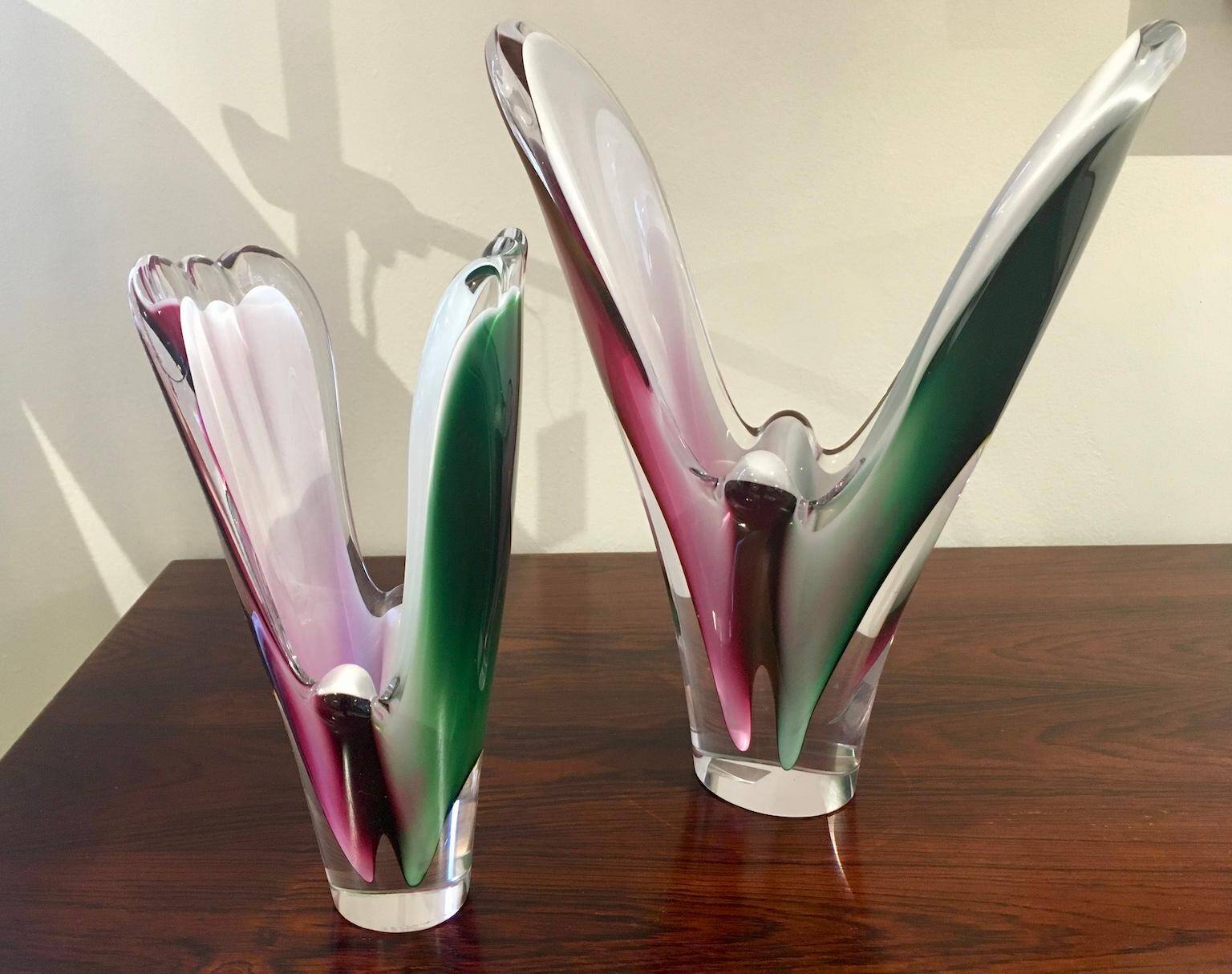 Pair of crystal vases by Paul Kedelv for Flygsfors Coquille