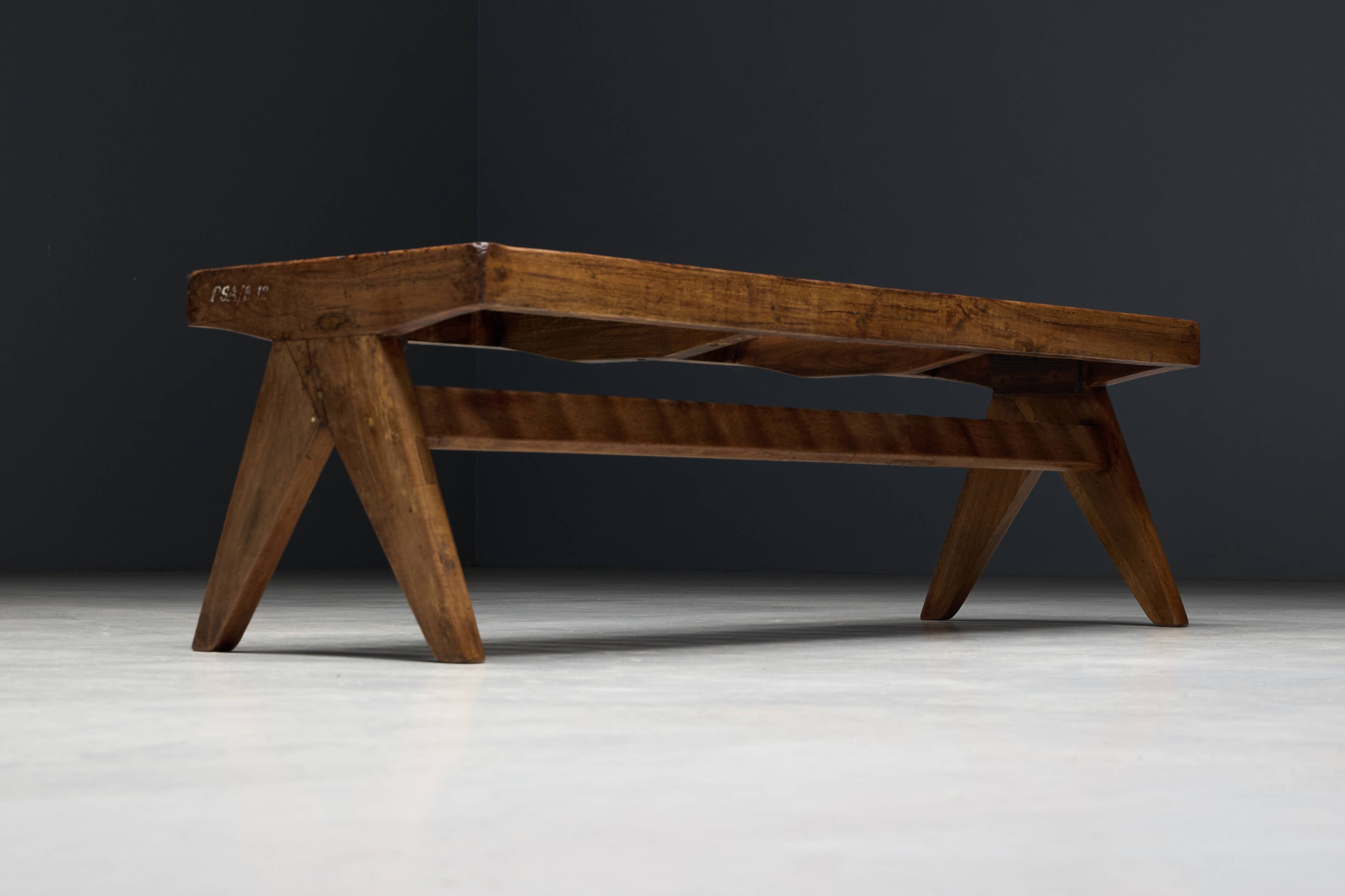 Solid Teak Slatted Bench by Pierre Jeanneret, India, 1950s