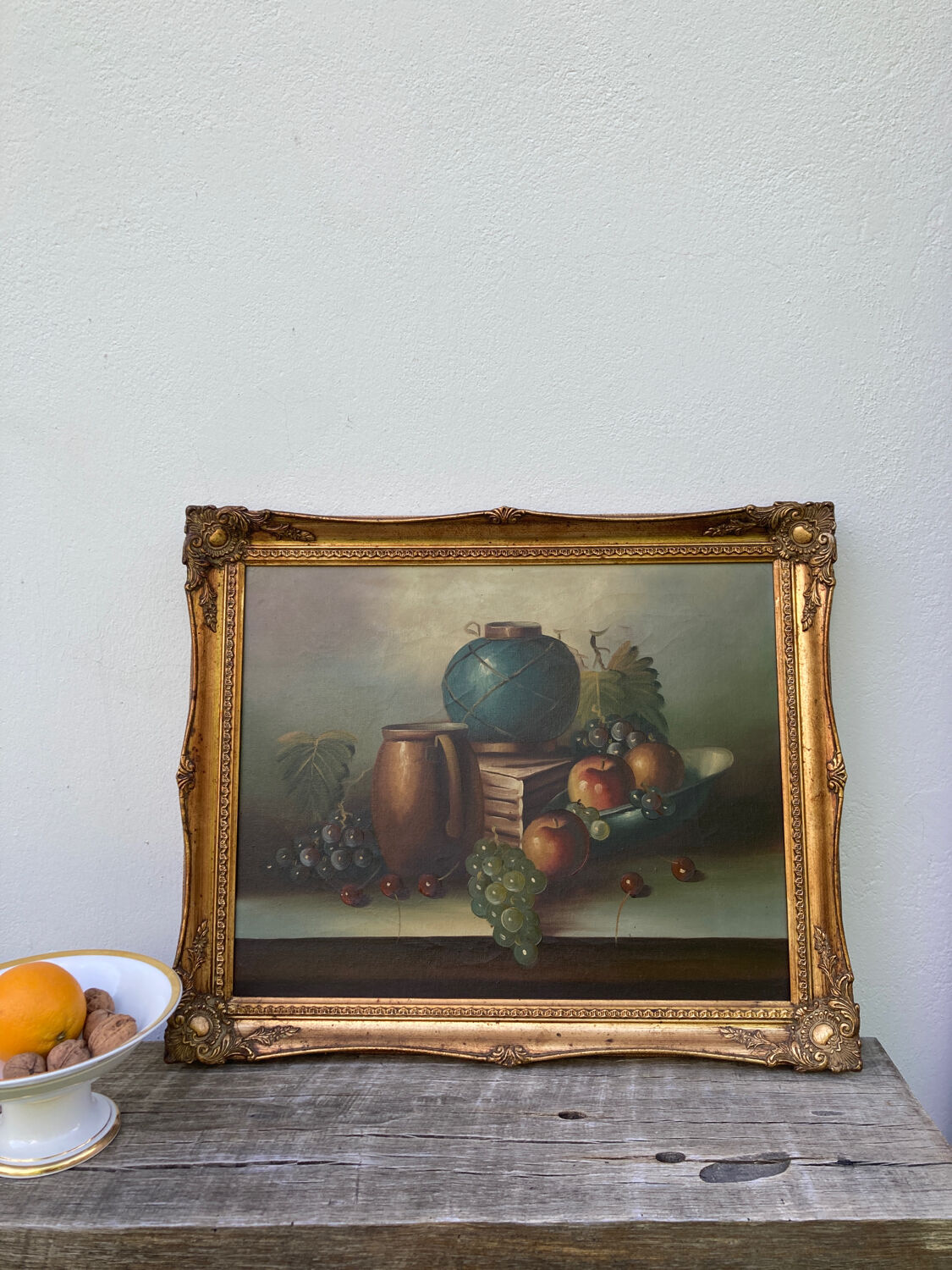 Painting on canvas still life old gilded wood frame / vintage fruit painting grape apple vase and jug