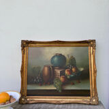 Painting on canvas still life old gilded wood frame / vintage fruit painting grape apple vase and jug
