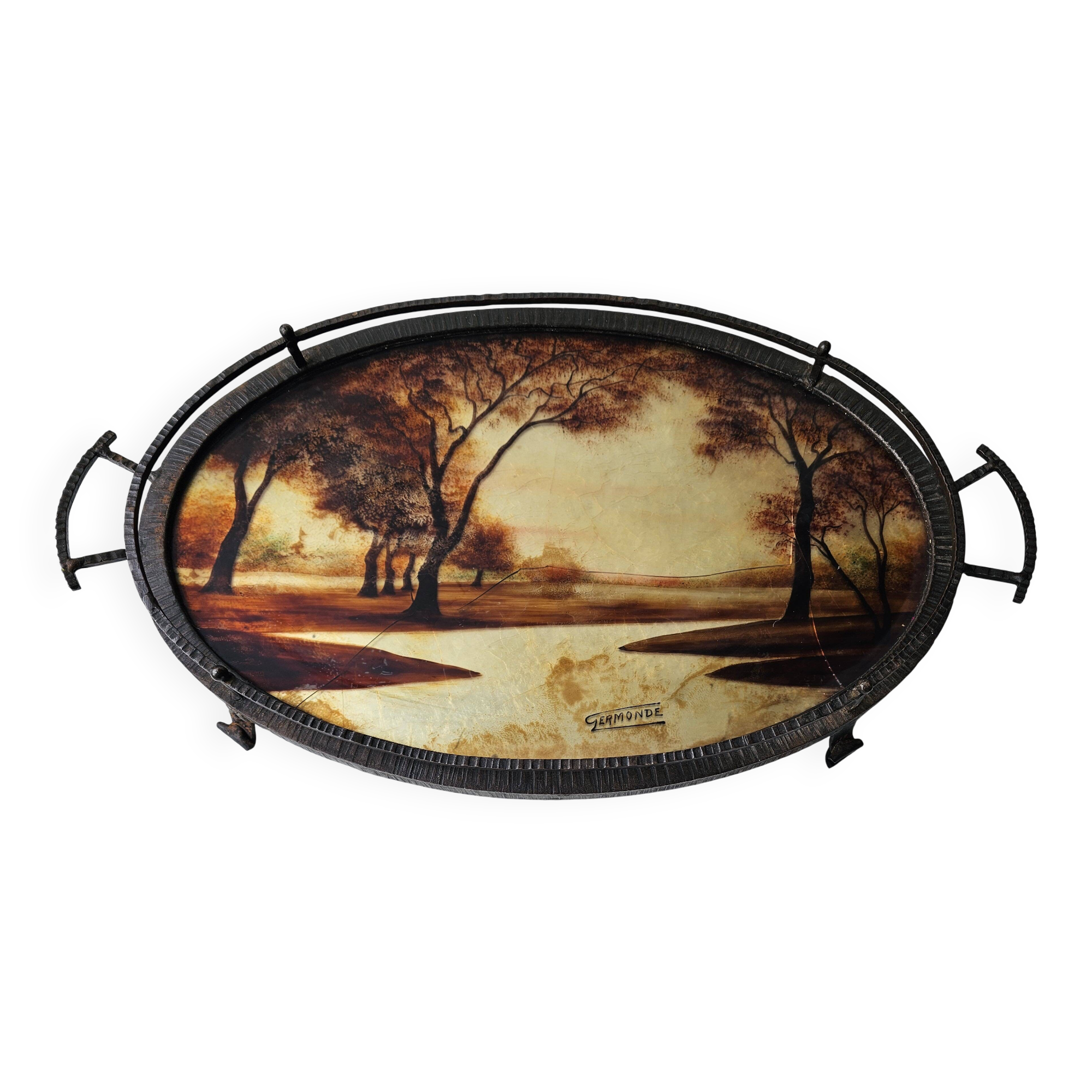 Wrought iron serving tray, Art Nouveau style, Art Deco period, Signed GERMON