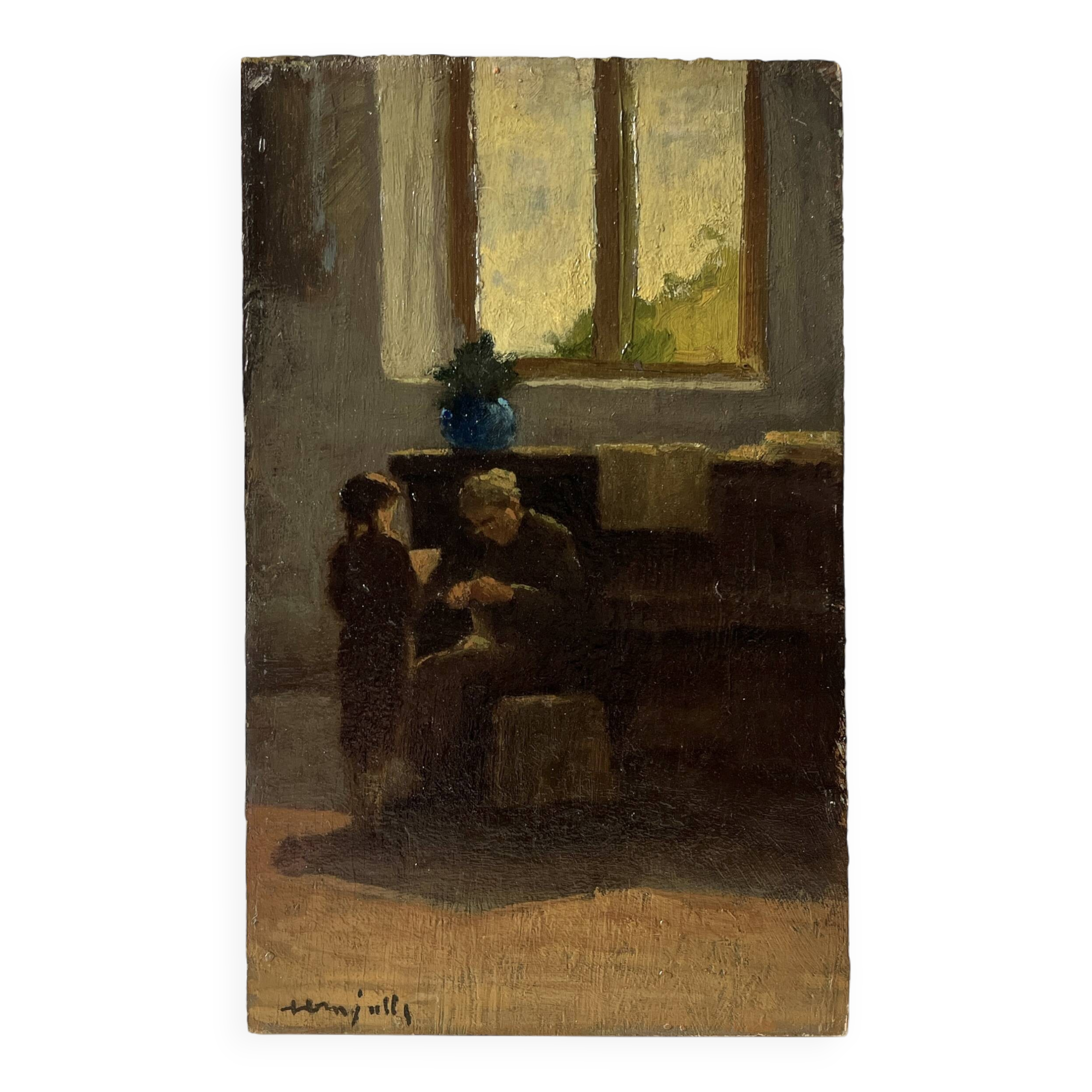 Huile sur panneau d'une scène d'intérieur 1920, tableau scène de genre
