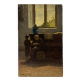 Oil on panel of an interior scene 1920, genre scene painting