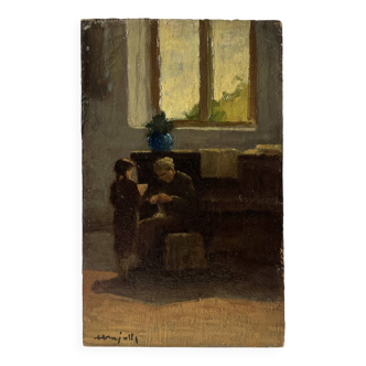 Oil on panel of an interior scene 1920, genre scene painting