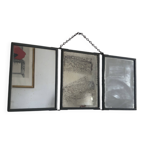 Miroir vintage 1940 triptyque barbier coiffeur bateau mer - 16 x 37 cm