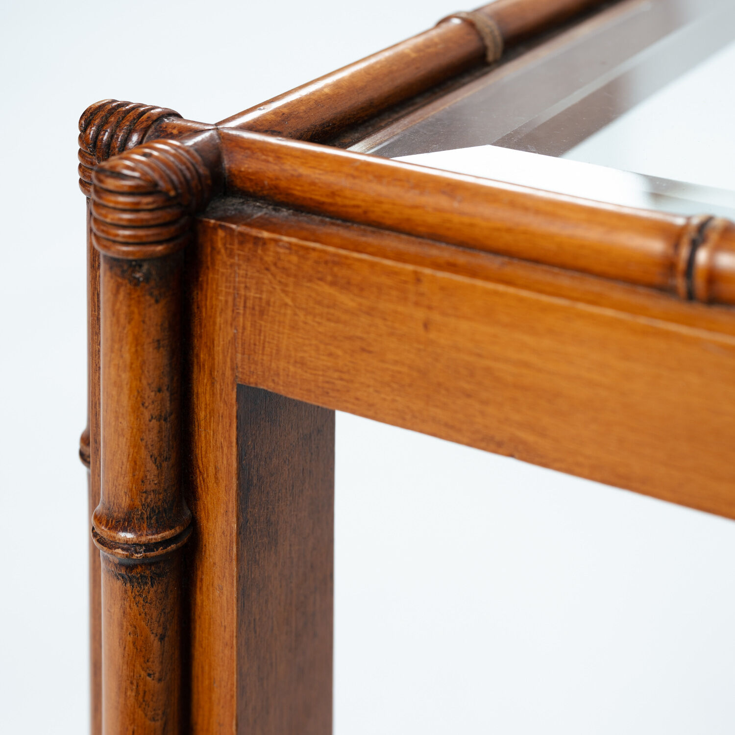 Art Deco Side Table in Carved Oak, Bamboo Style, Cut Glass, Set of 2