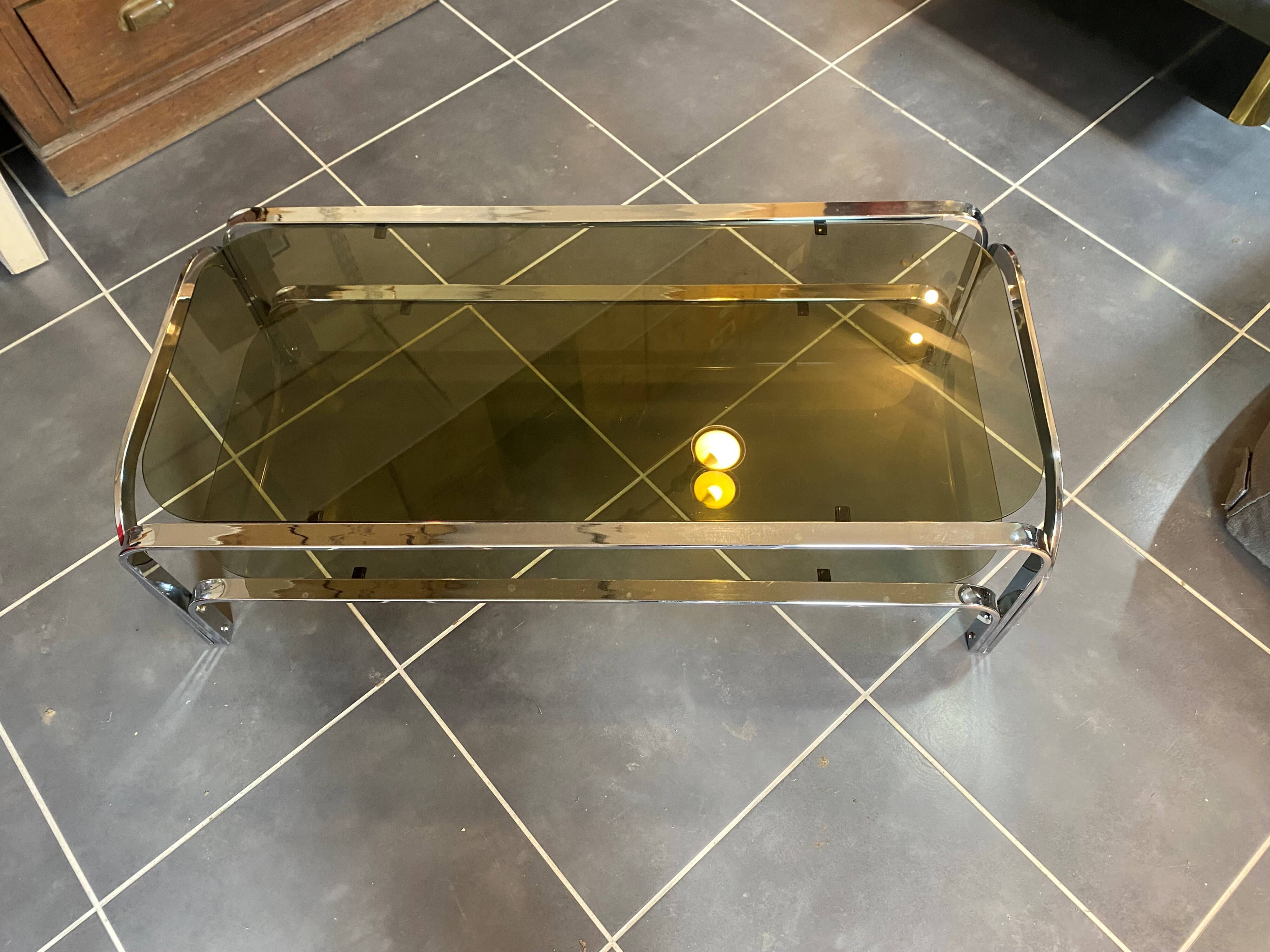 Table basse double plateau verre chrome style Bauhaus vintage 1970