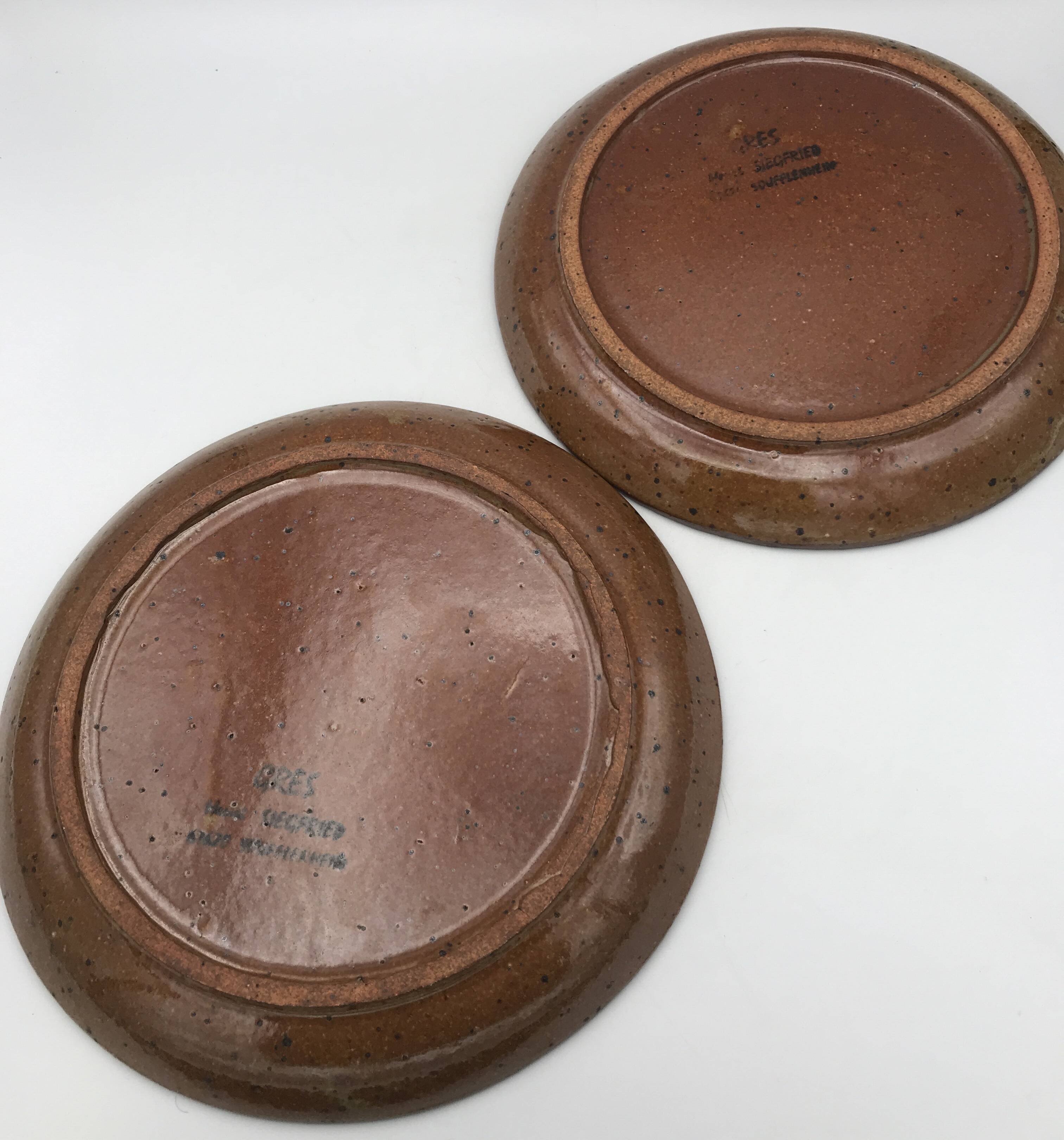 Set of 2 plates in pyrite stoneware with floral decoration h. siegfried, souffle