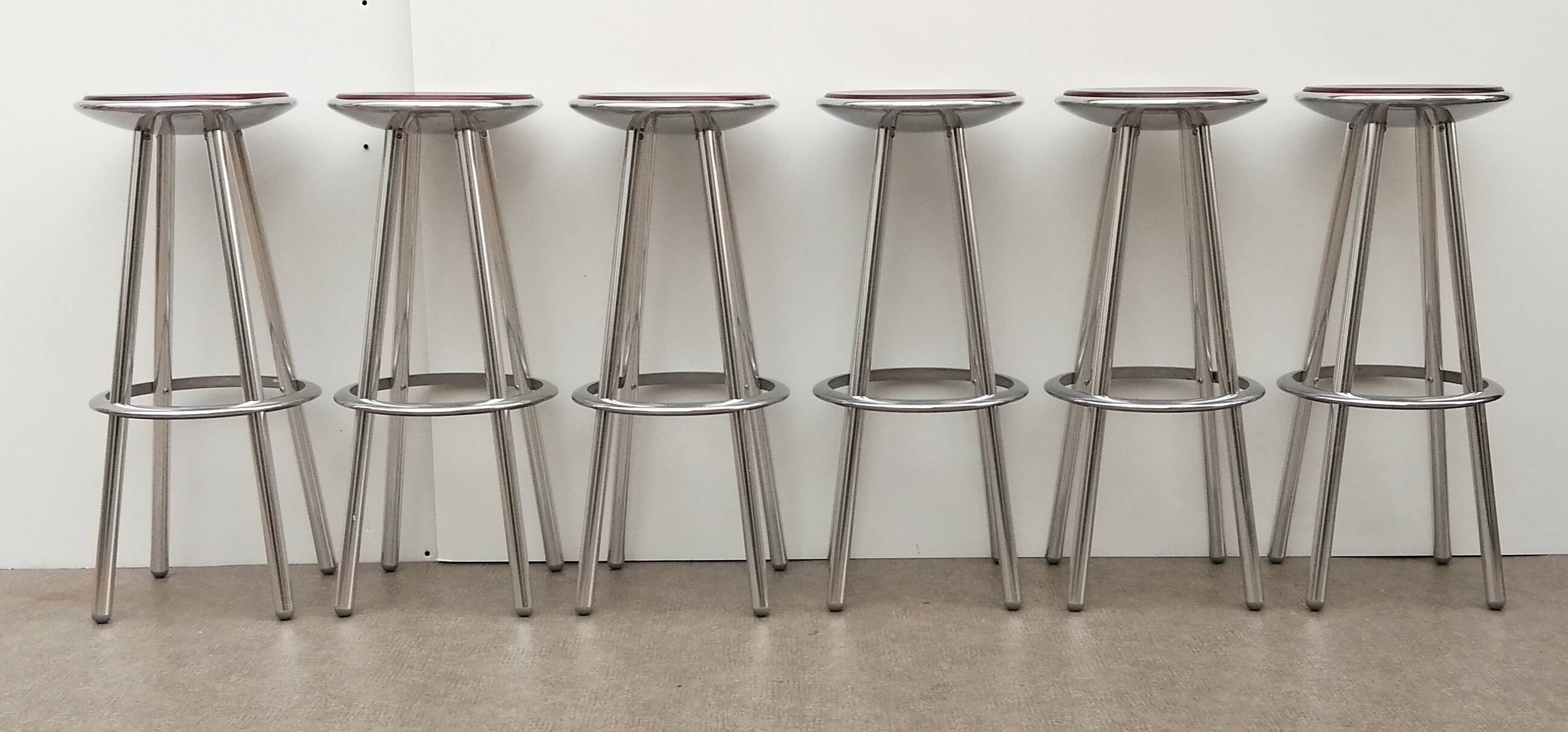 Set of 6 aluminum and wood bar stools in the Amat-3 style for Knoll, vintage 1990