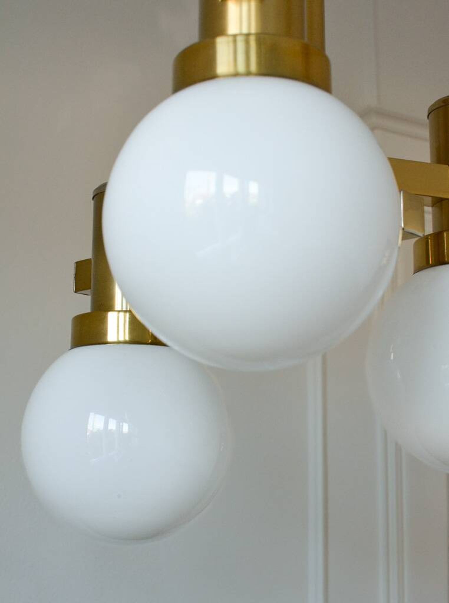 Vintage brass and opaline chandelier, 1970s, in the style of Sciolari.