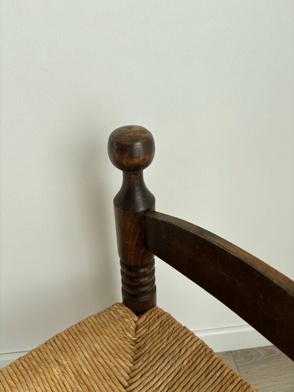 Chaise basse, de cheminée vintage style Charles Dudouyt en bois et paille