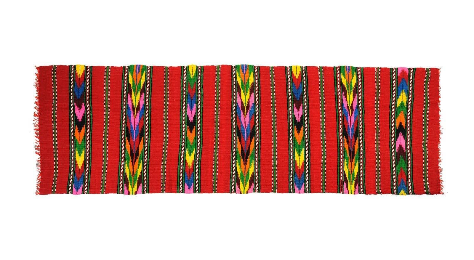 Red wool runner with colorful stripes, handwoven, Romania 225x80cm