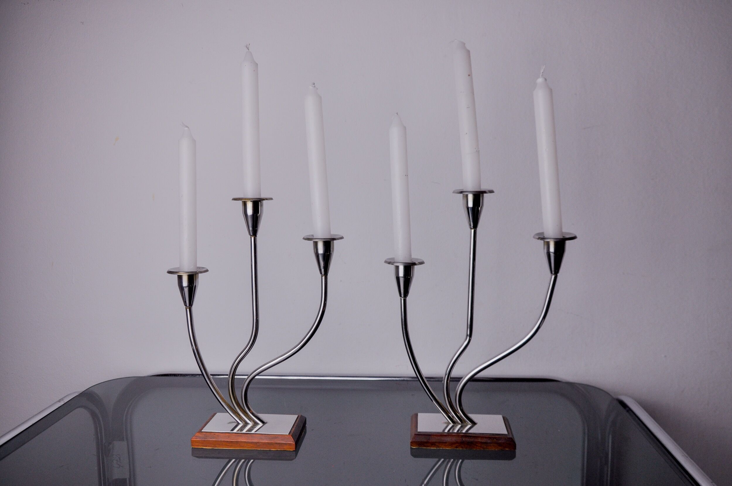 Pair of art deco candlesticks in stainless steel and rosewood 3 flames, Spain, 1970